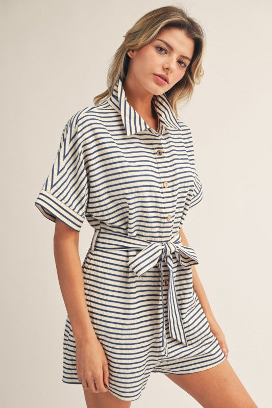 Waist Tie Button Down Stripe Romper