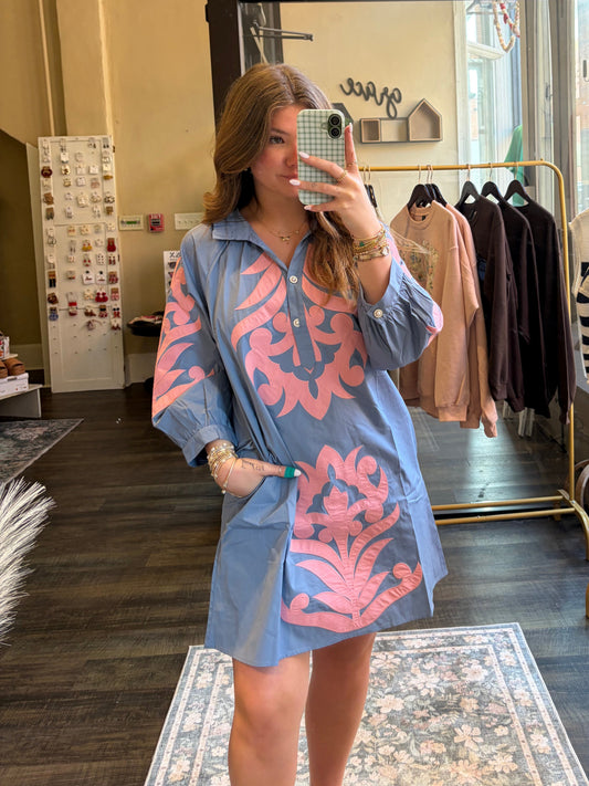 Baroque Floral Applique Shift Dress: Cornflower/Pink