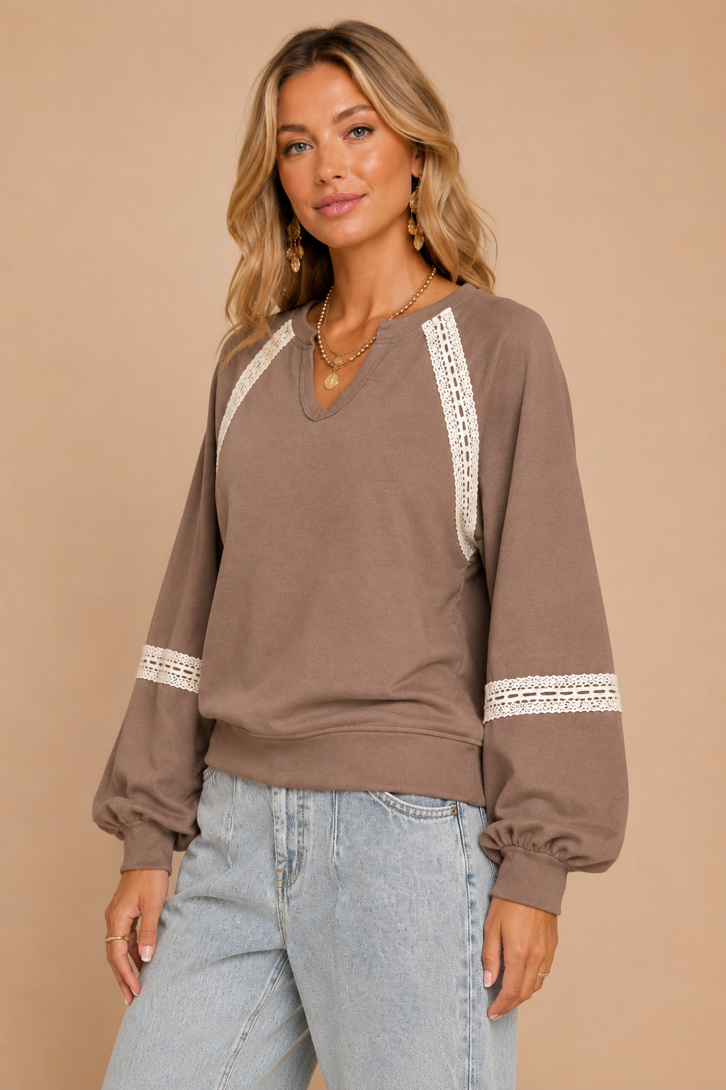 The Colette Lace-Trimmed Sweatshirt: Brown