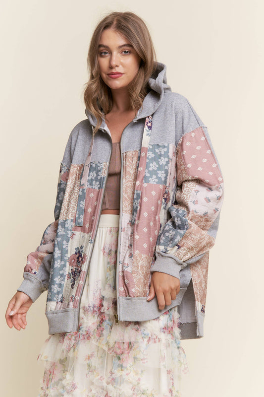 Multi Pattern Patchwork Zipper Hoodie