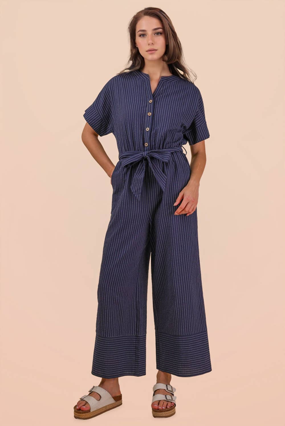 Half Button Down Stripe Linen Woven Jumpsuit: NAVY