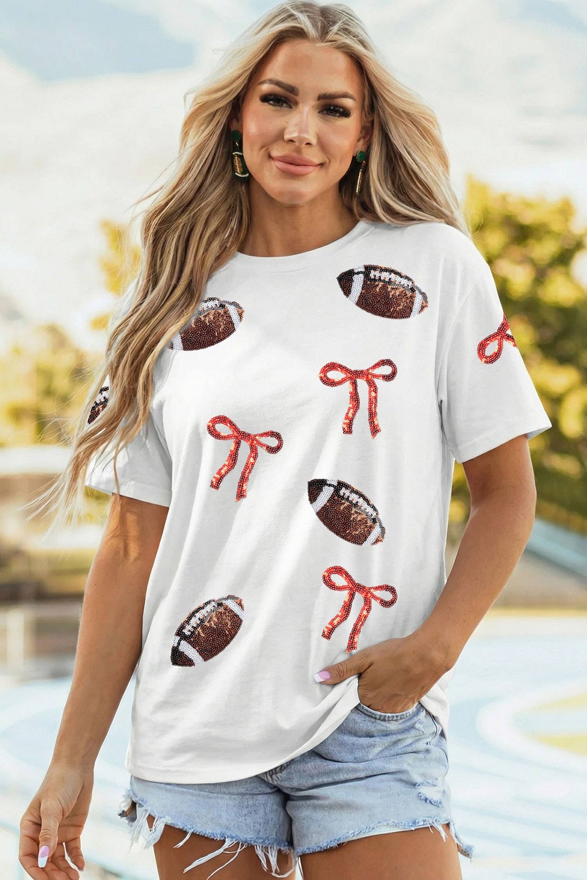 Game Day Sequin Rugby Bow Print Tee: White