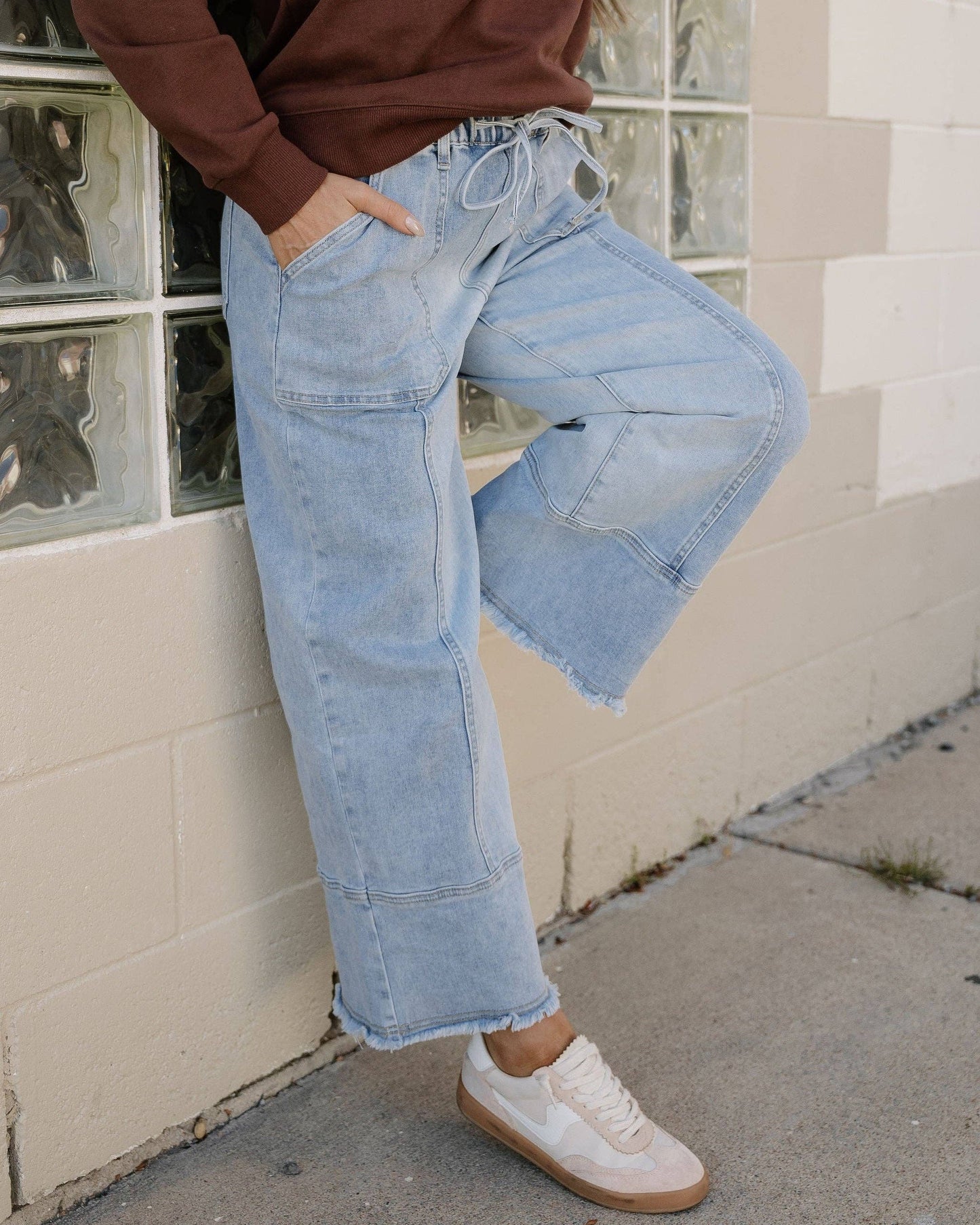 Beau Blue Wide Leg Jeans Drawstring Waist Jeans Raw Hem