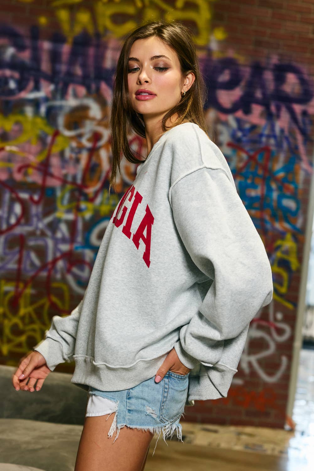 Georgia GFX Split-Neck Terry Sweatshirt: H Grey/Red