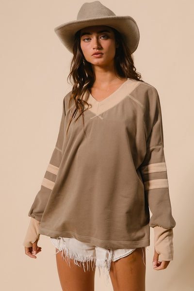 French Terry Color Block V Neck Top