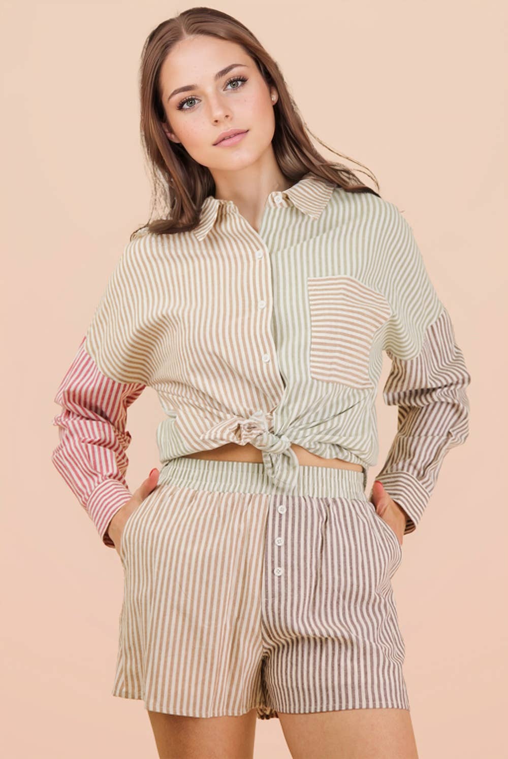 Stripe Color Block Shirt Top & Shorts Set: MOCHA MIX