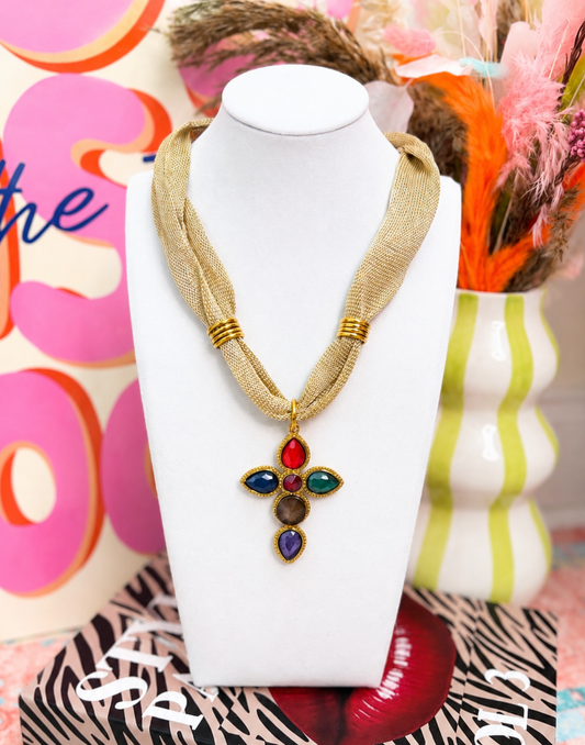 Cross Charm Mesh Statement Necklace | Multi