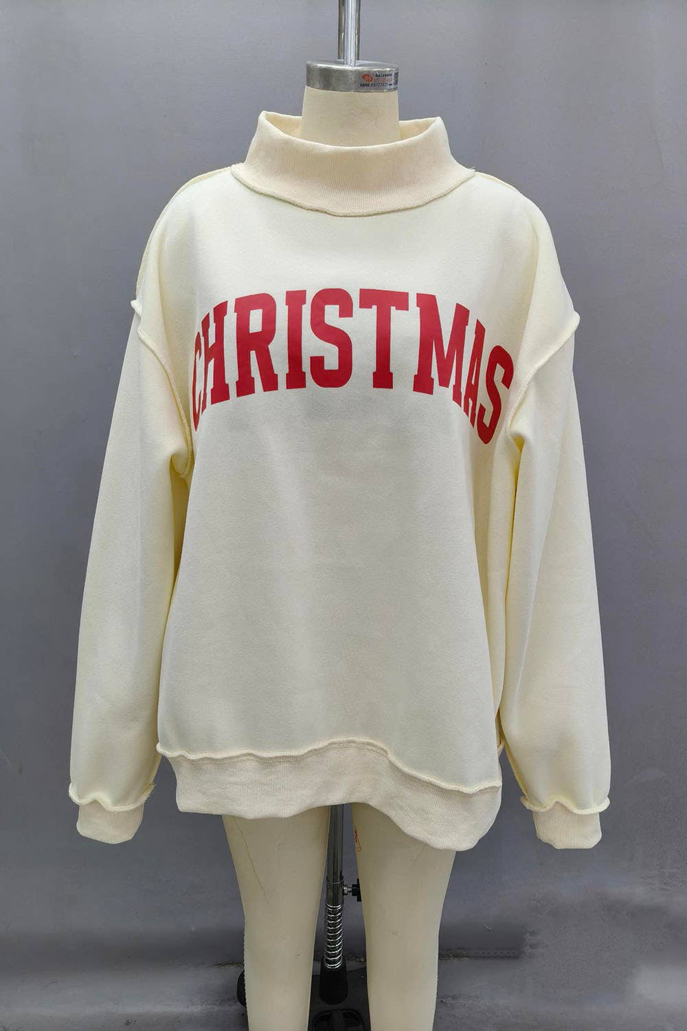 CHRISTMAS Printed Reversible Mockneck Sweatshirt: Cream