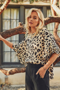 Leopard Print Pleated Ruffle Sleeve Top