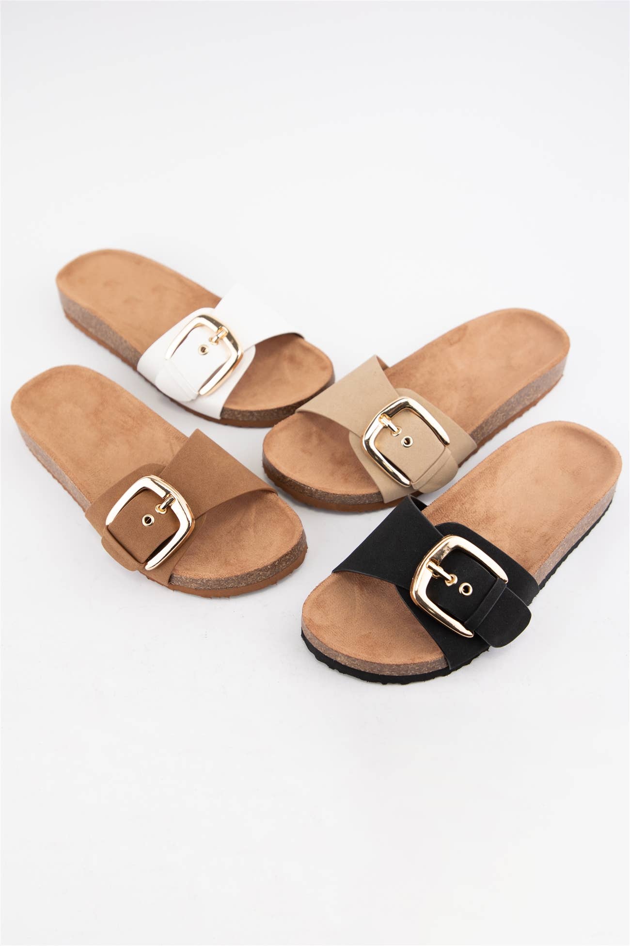 LIZZY-S Gold Buckle Cork Slide Sandals : TAN