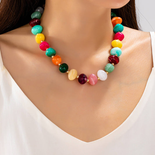 Multi Colored Resin Pebble Beaded Necklace |MULTI