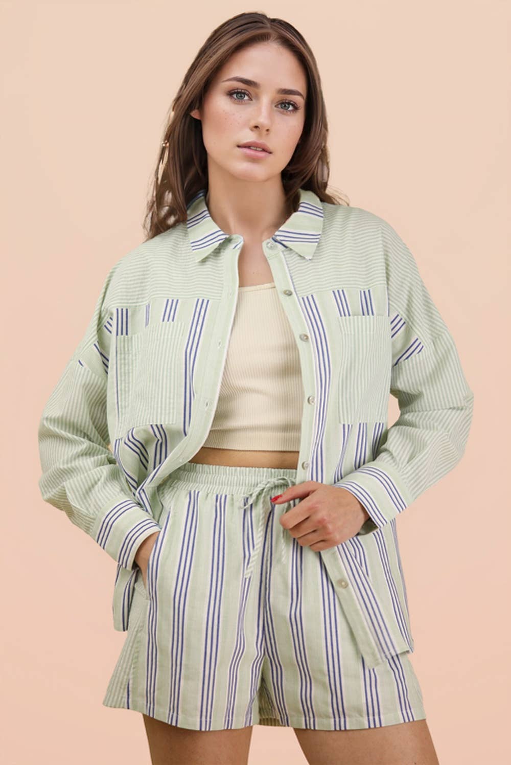 PLUS SIZE Stripe Woven Shirt Top & Shorts Set: BLUE/SAGE