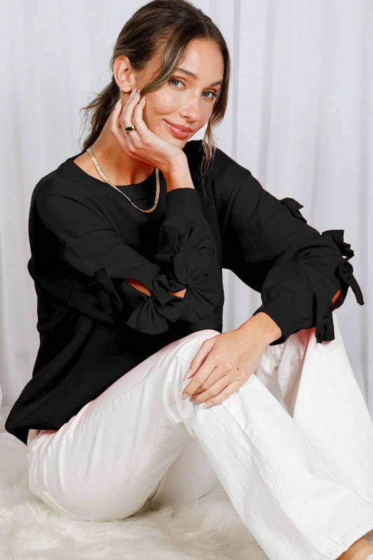 Bow Embellished Crew Neck Long-Sleeve Knit Sweater: Black