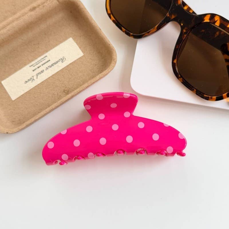 Retro Polka Dot Hair Claw - Glossy Spotted French | Fuchsia