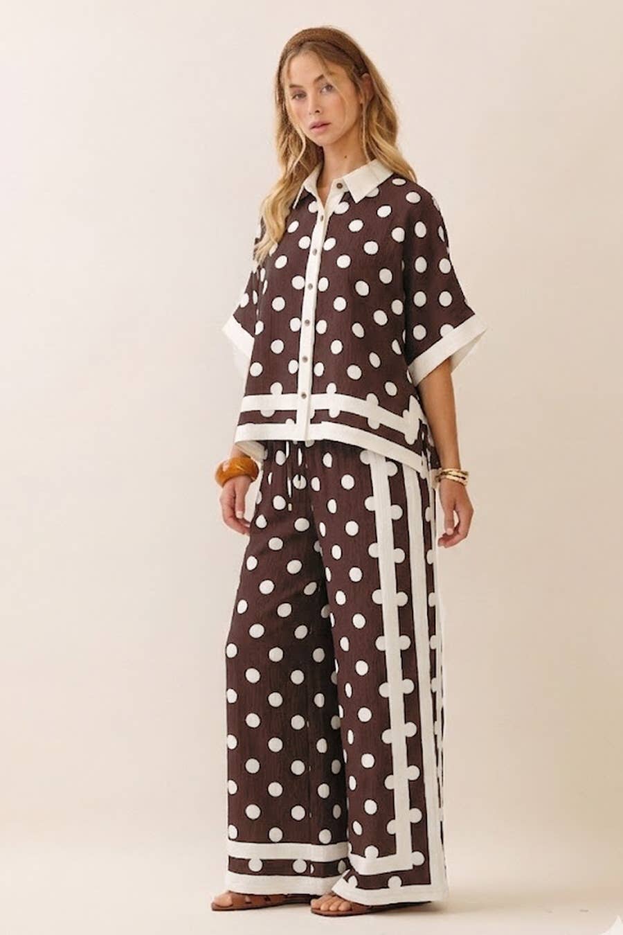 Polka Dot Print Collared Shirt And Wide Leg Pants Set: CHOCOLATE WHITE