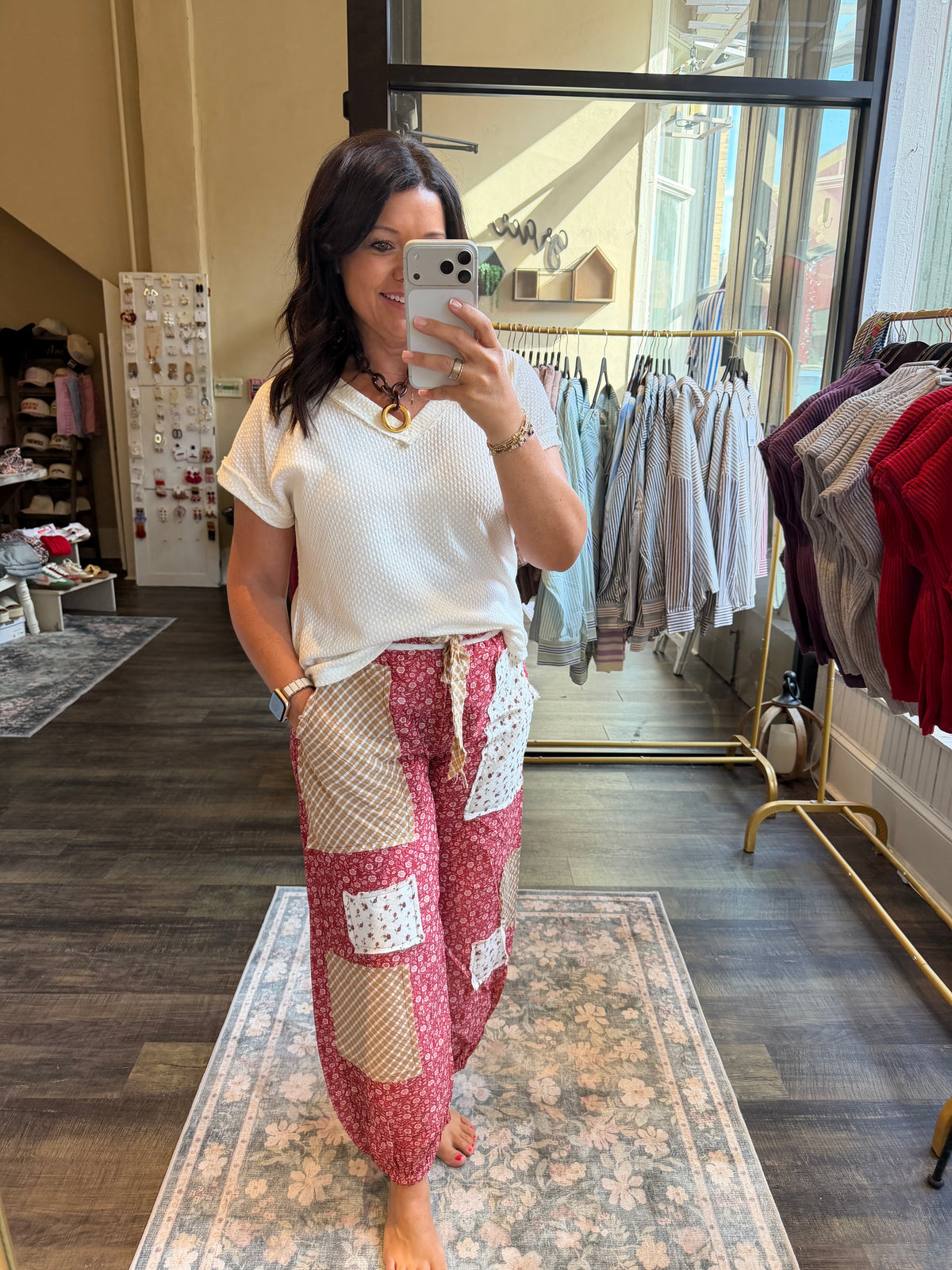 Floral Patchwork Printed Balloon Pants: CHILI PEPPER