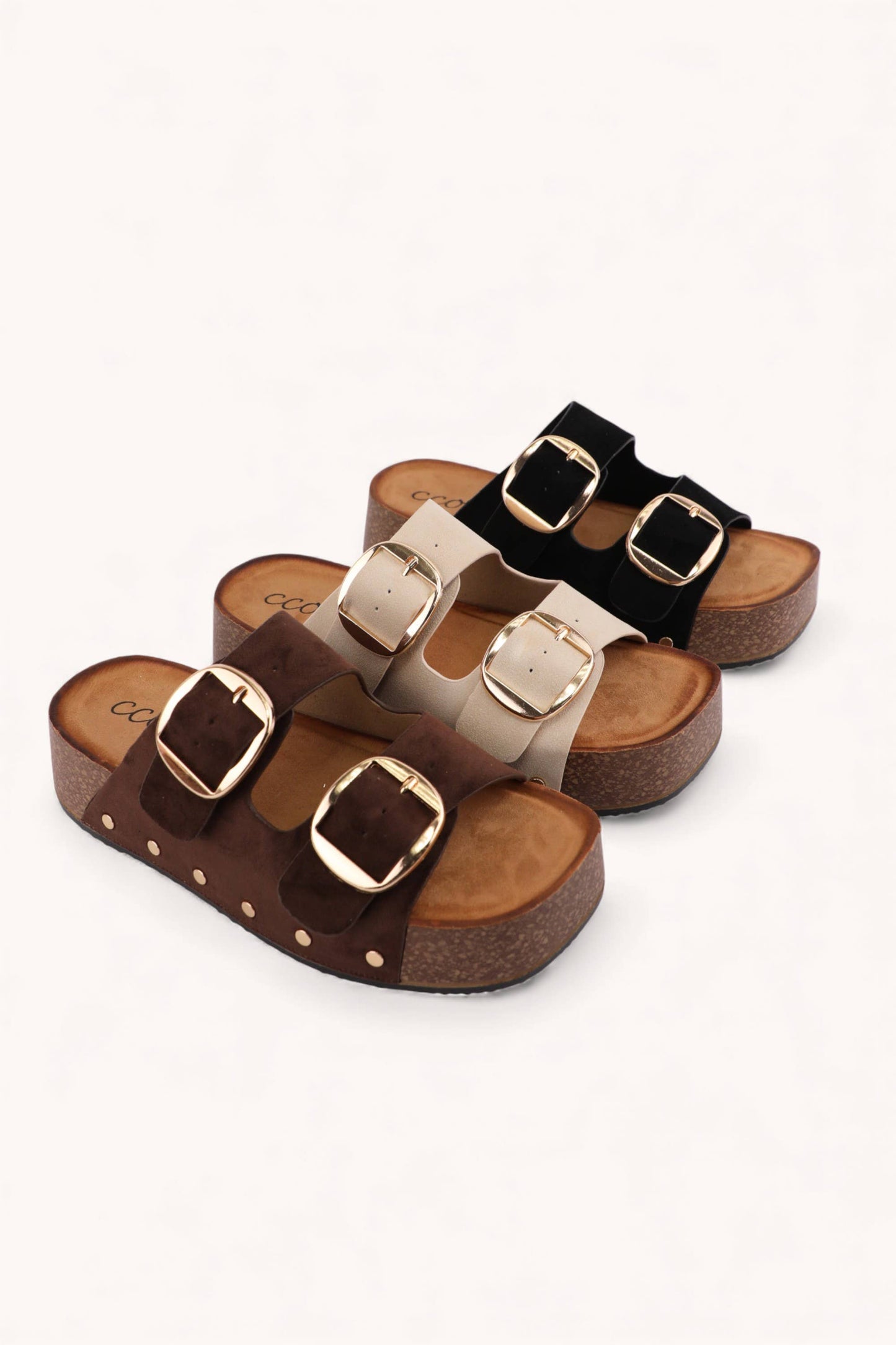 NANCY DOUBLE STRAPS WITH BOLD METAL BUCKLES PLATFORM SANDAL: BONE