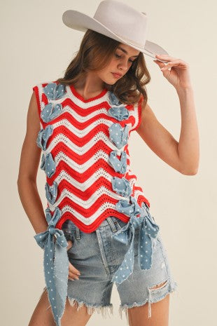 Red & White Chevron Crochet Tank Top