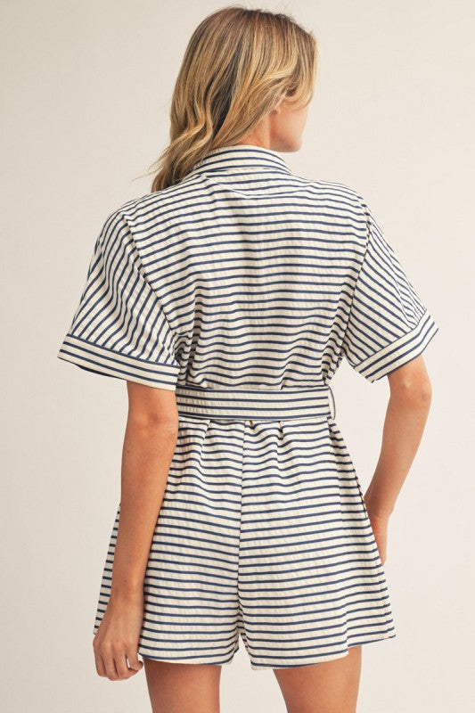 Waist Tie Button Down Stripe Romper
