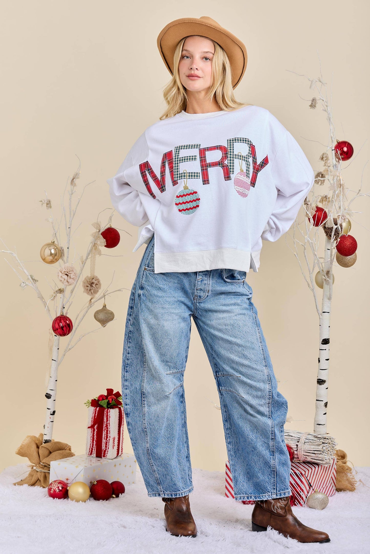 Merry With Ornament Patchwork Oversized Long Sleeve Top