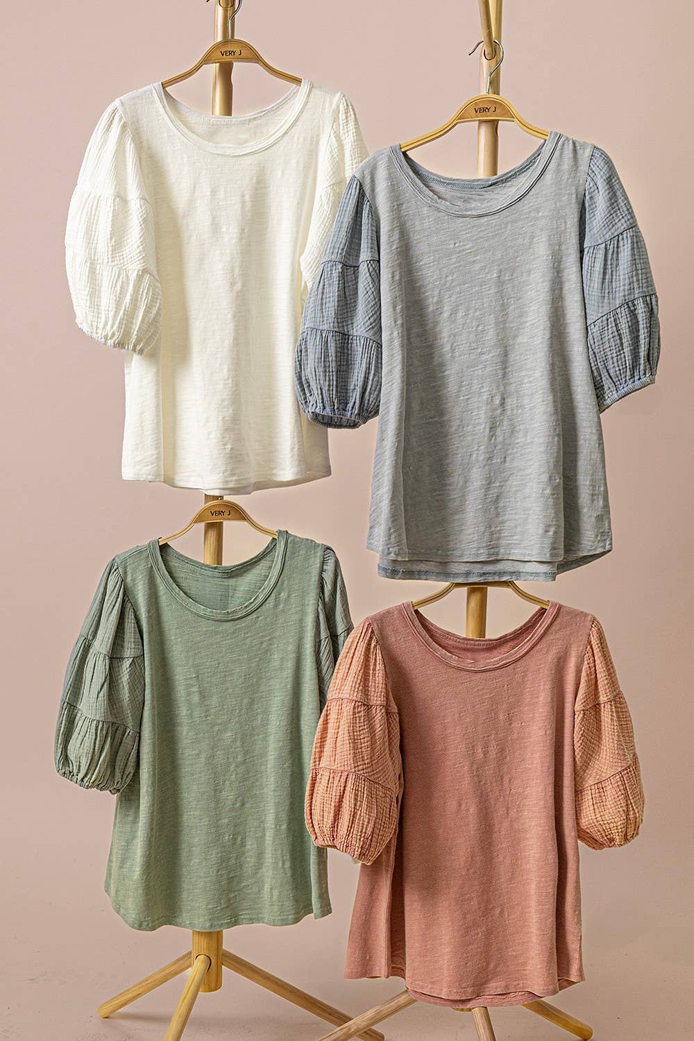 Mineral Washed Puff Sleeve Top: SAGE