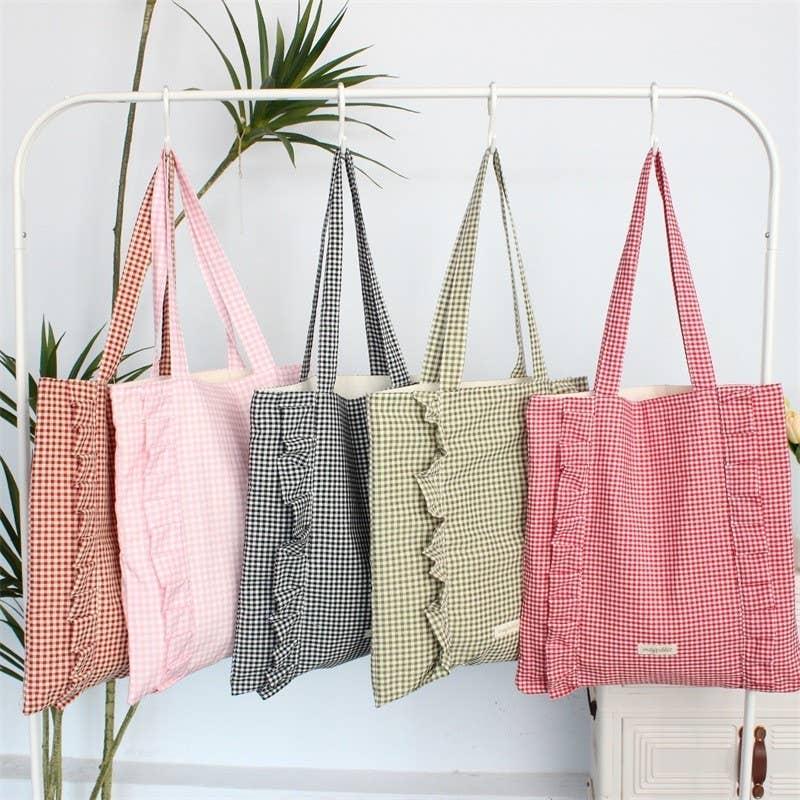 Gingham Ruffle Canvas Shoulder Tote Bag | Red