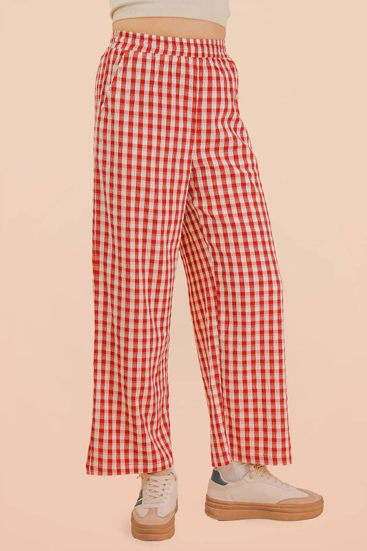 Elastic Waist Checkered Casual Pants: RED