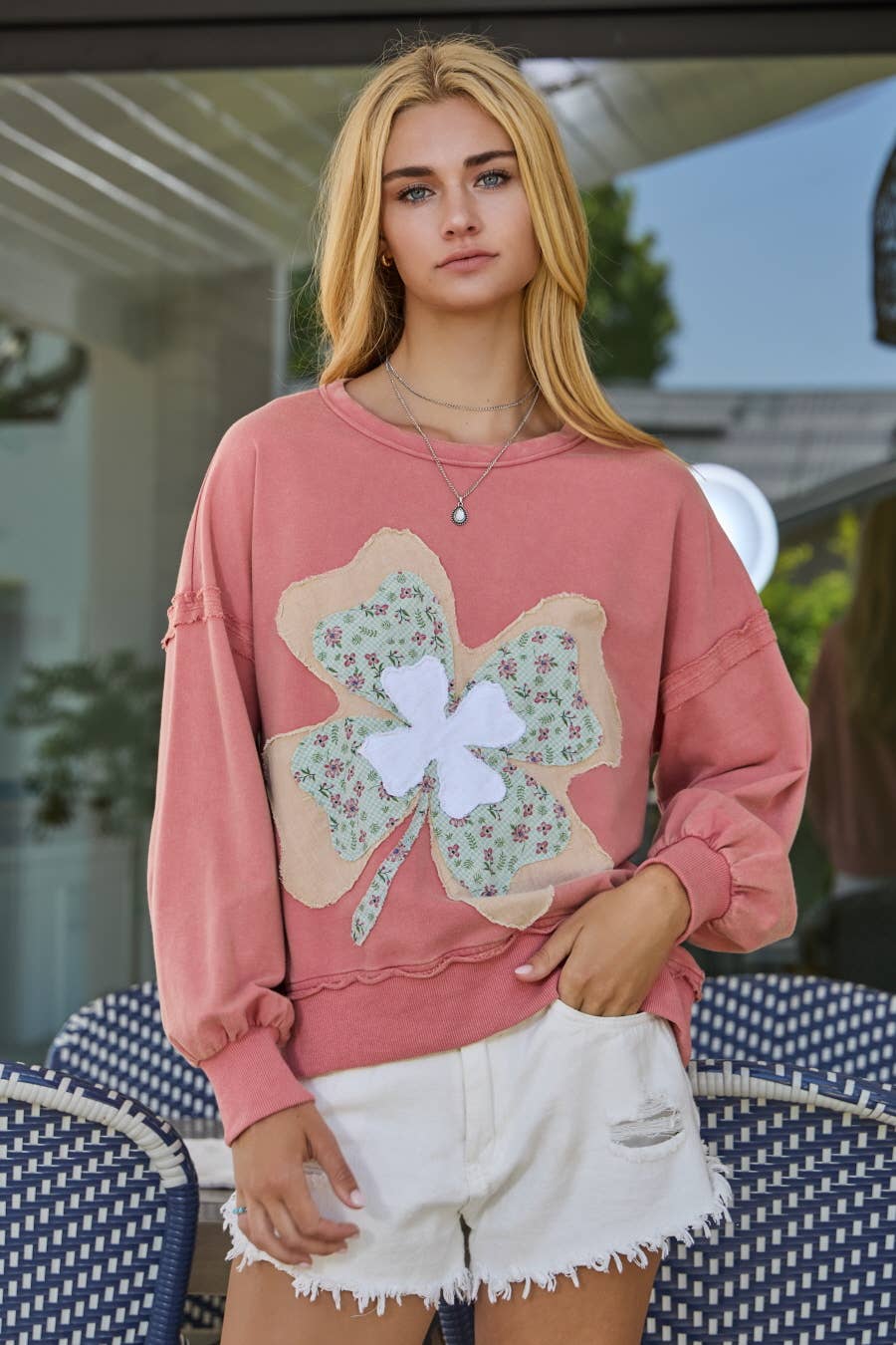 Print Mixed Fabric Clover Patch Sweatshirt