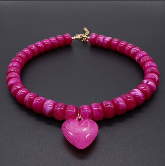 Heart Pendant Resin Beaded Necklaces |FUCHSIA