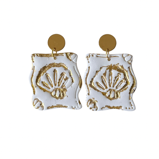 White and Gold Stamped Shell Earrings