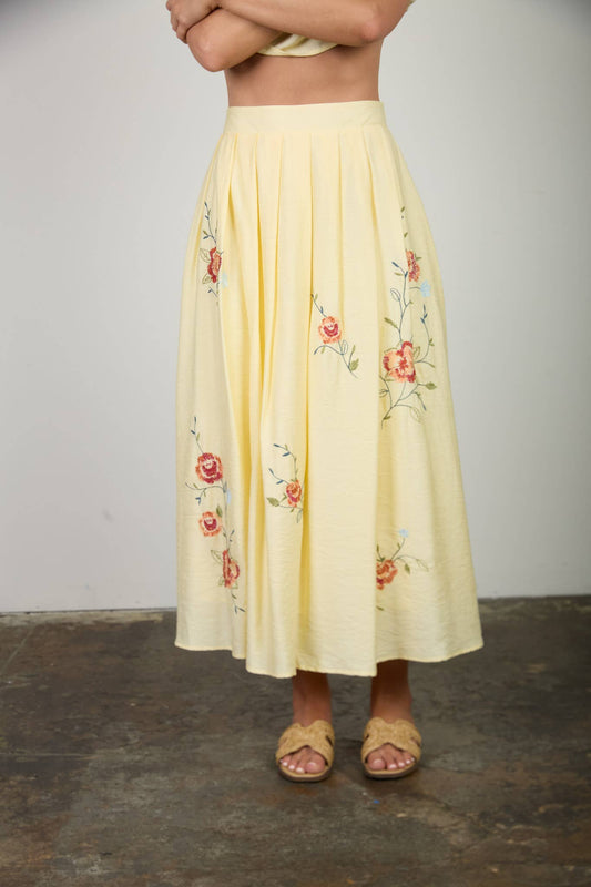 FLORAL EMBROIDERY DETAIL MIDI SKIRT: BUTTER YELLOW MULTI