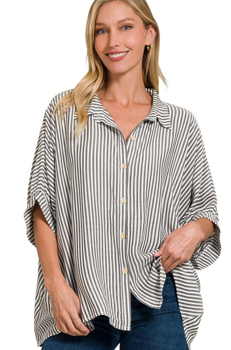 Rayon Striped Short Sleeve Button Up Shirt