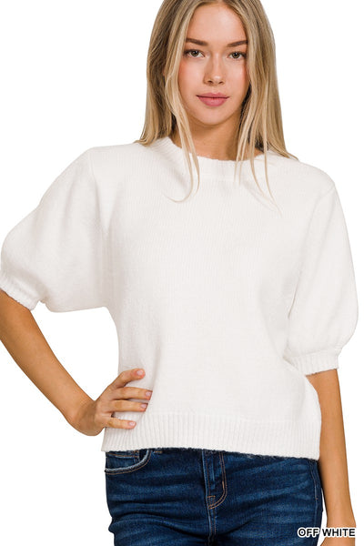 Melange Puff Short Sleeve Round Neck Sweater