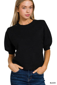 Melange Puff Short Sleeve Round Neck Sweater