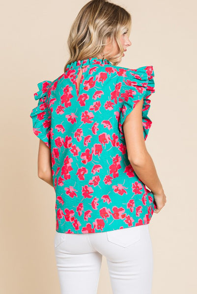 Flower Pattern Print Top with Frill