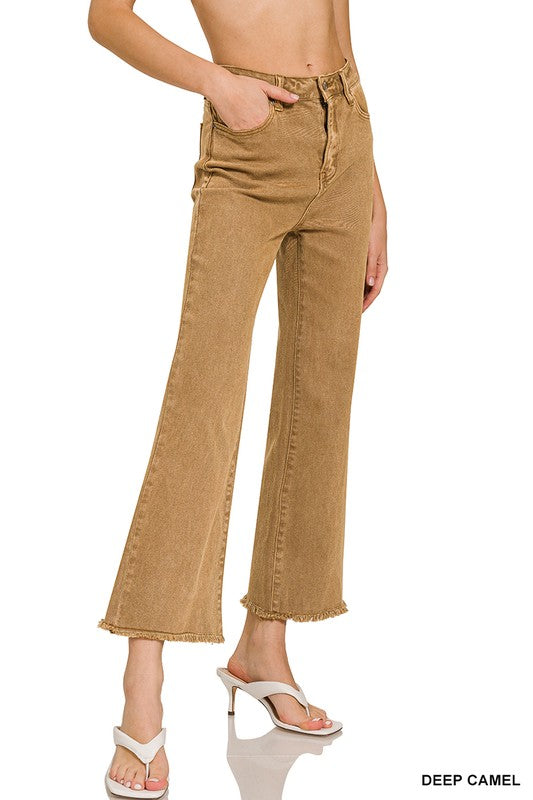 Acid Washed High Waist Frayed Bootcut Pants