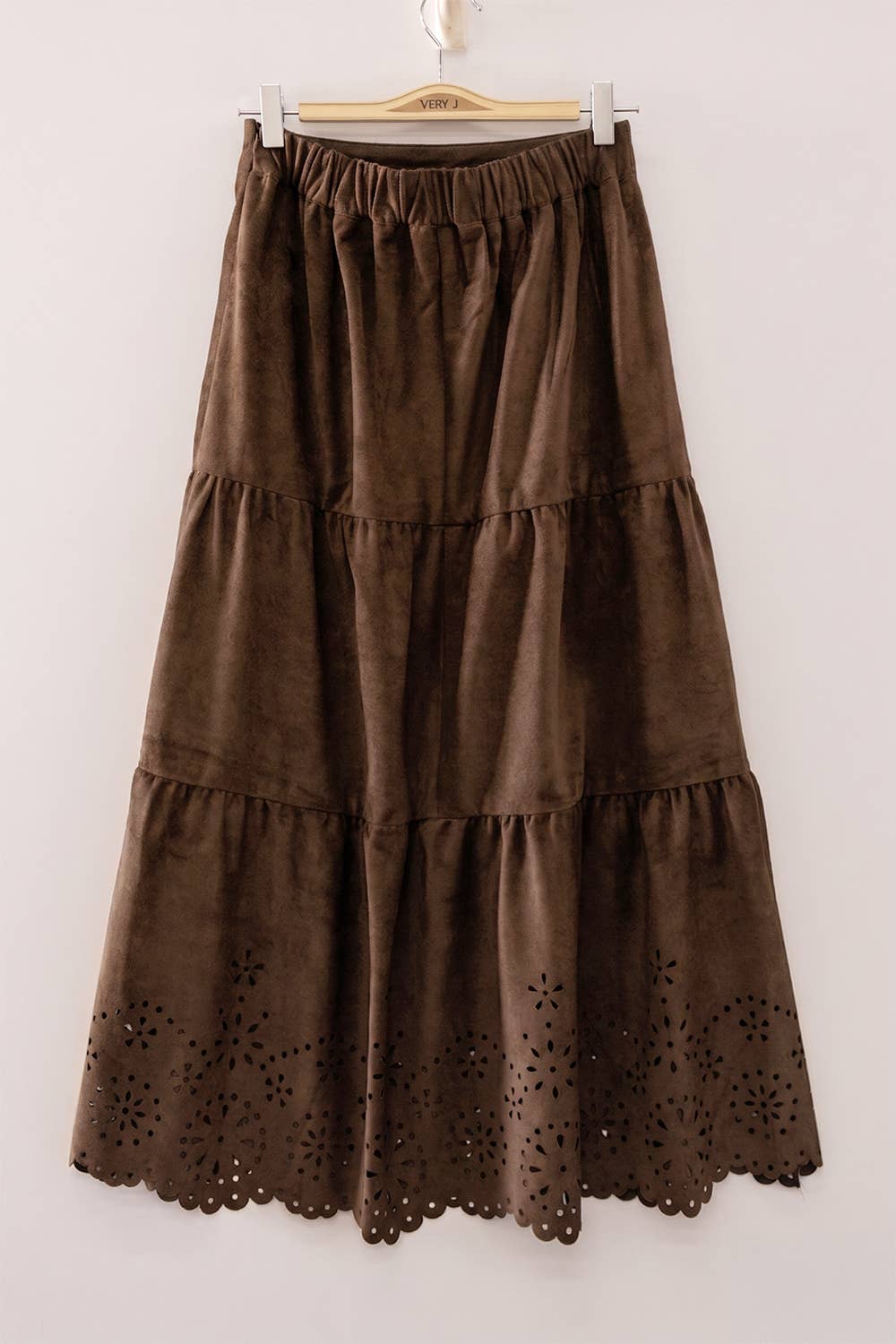Faux Suede Tiered Midi Skirt: CHOCO