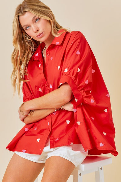 Heart Embroidered Oversized Button-Down Top
