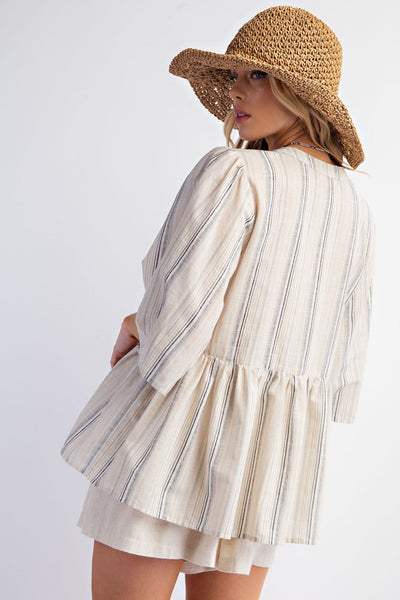 Striped Cotton Linen Embo Top
