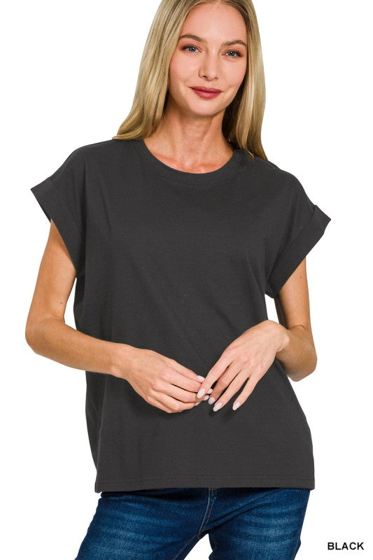 Round Neck Folded Short Sleeve Tee