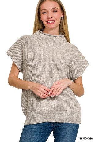 Mock Neck Ribbed Short Sleeve Sweater Top