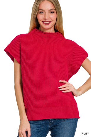 Mock Neck Ribbed Short Sleeve Sweater Top