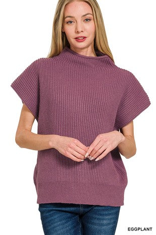 Mock Neck Ribbed Short Sleeve Sweater Top