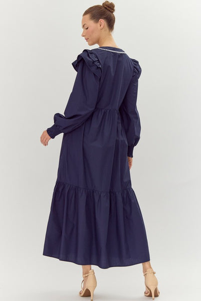 Navy Ruffly Shoulder Maxi