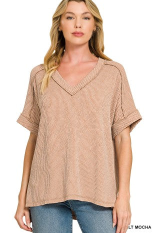 Raised Rib Short Sleeve Hi-Low V-Neck Top