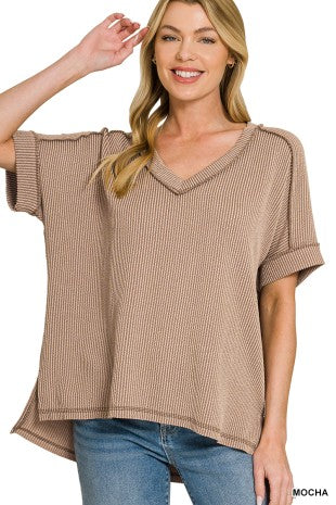 Raised Rib Short Sleeve Hi-Low V-Neck Top