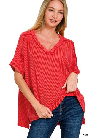 Raised Rib Short Sleeve Hi-Low V-Neck Top