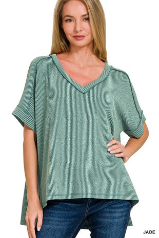 Raised Rib Short Sleeve Hi-Low V-Neck Top