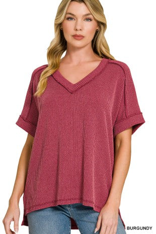 Raised Rib Short Sleeve Hi-Low V-Neck Top