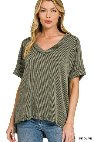 Raised Rib Short Sleeve Hi-Low V-Neck Top